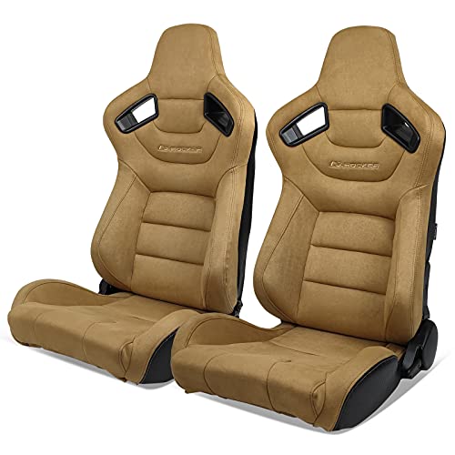 IKON MOTORSPORTS Universal Reclining Racing Seats Pair with Dual Sliders - Brown Suede, Driver and Passenger Side