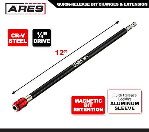 ARES 70207 12-Inch Quick Release Drill Extension Bit Holder - Premium Chrome Vanadium Steel, Magnetic Locking Design, Ideal for Hard-to-Reach Areas