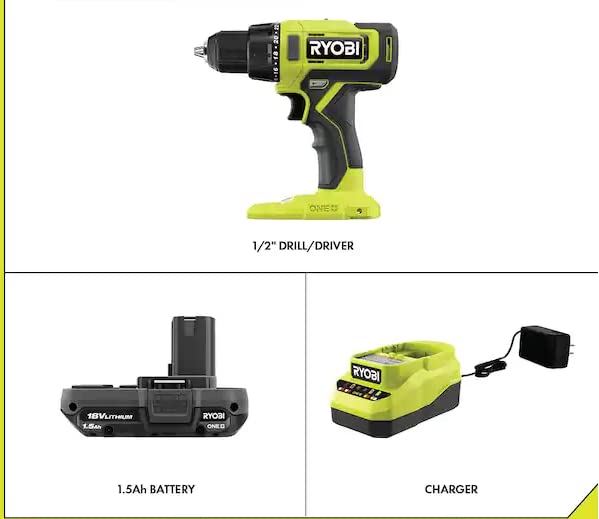 RYOBI ONE+ 18V Cordless 1/2 in. Drill/Driver Kit with 1.5 Ah Battery and Charger