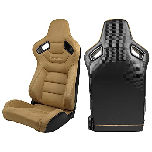 IKON MOTORSPORTS Universal Reclining Racing Seats Pair with Dual Sliders - Brown Suede, Driver and Passenger Side