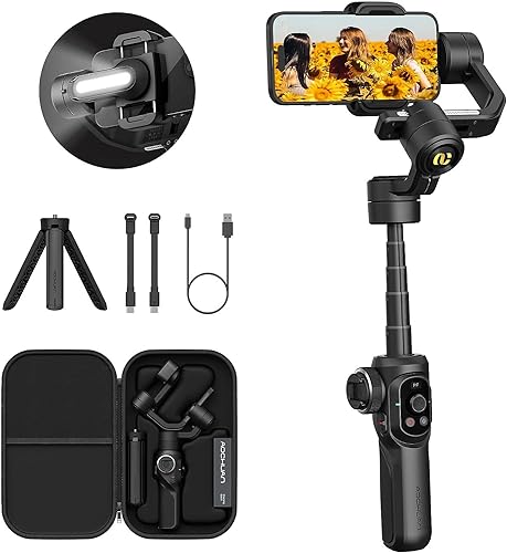 AOCHUAN S2 Smartphone Gimbal Stabilizer - Professional 3-Axis Gimble with Extendable Rod and Fill Light for iPhone & Android, Ideal for Vlogging, TikTok, YouTube - Black