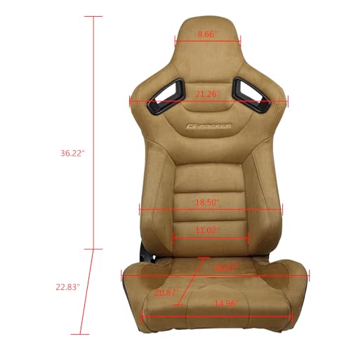 IKON MOTORSPORTS Universal Reclining Racing Seats Pair with Dual Sliders - Brown Suede, Driver and Passenger Side