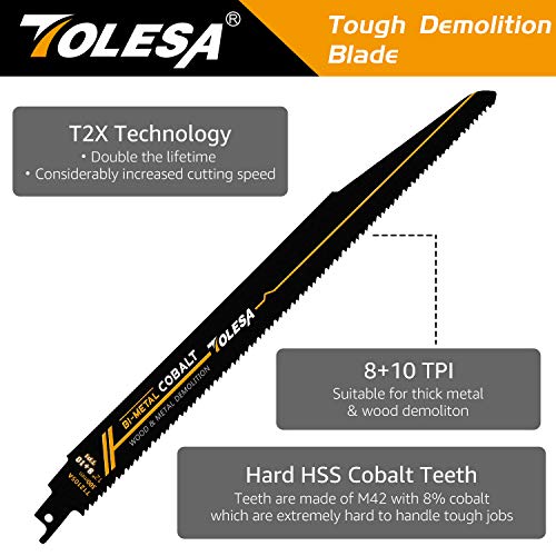 TOLESA 12-Inch Metal & Wood Demolition Reciprocating Saw Blades - 5 Pack, 8+10 TPI for Cutting Steel Pipes, Drywall, Chipboard, Fiberglass, and Composite Materials