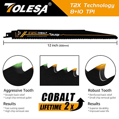 TOLESA 12-Inch Metal & Wood Demolition Reciprocating Saw Blades - 5 Pack, 8+10 TPI for Cutting Steel Pipes, Drywall, Chipboard, Fiberglass, and Composite Materials