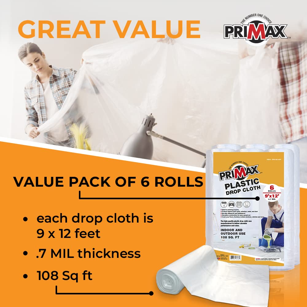 PRIMAX 9x12 ft Clear Plastic Sheeting Drop Cloth, 6-Pack – Waterproof Painters Tarp & Furniture Cover