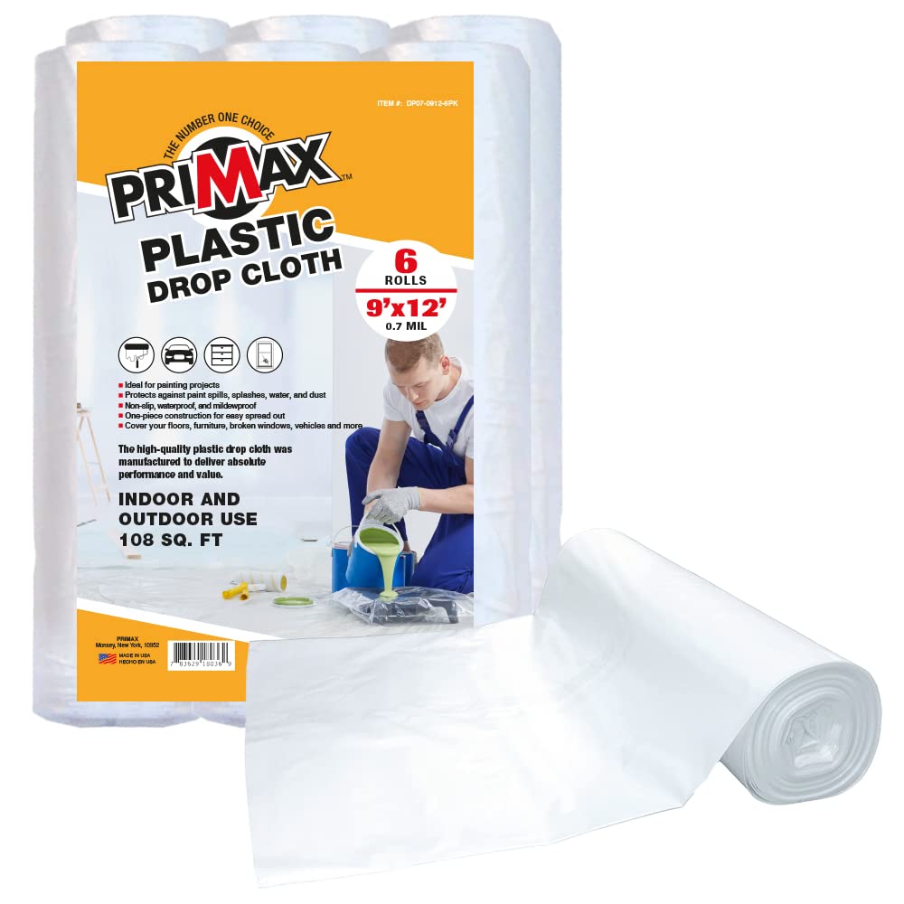 PRIMAX 9x12 ft Clear Plastic Sheeting Drop Cloth, 6-Pack – Waterproof Painters Tarp & Furniture Cover