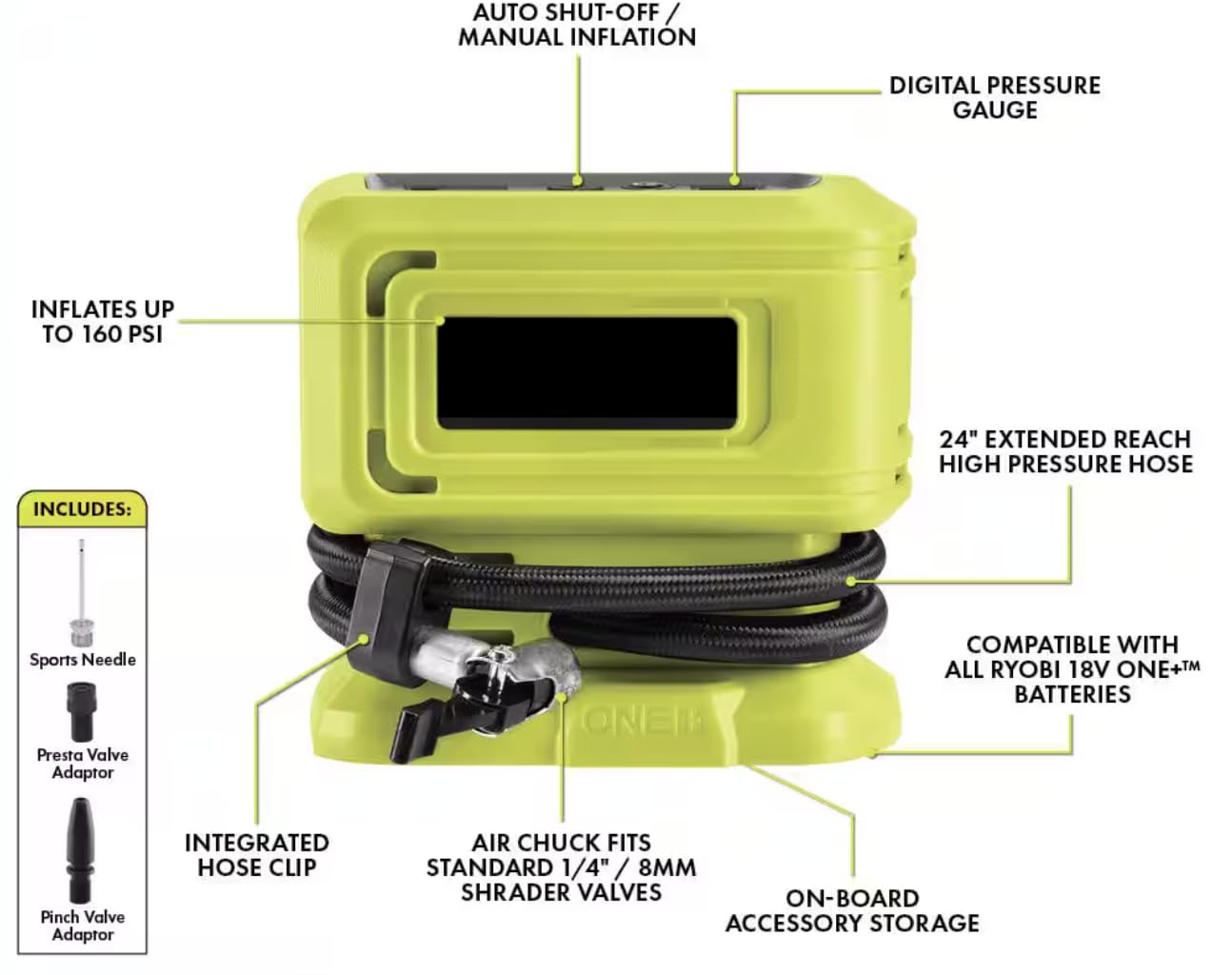 Cordless Tire Pressure Inflator PCL001B for RYOBI ONE+ 18V (Tool Only)