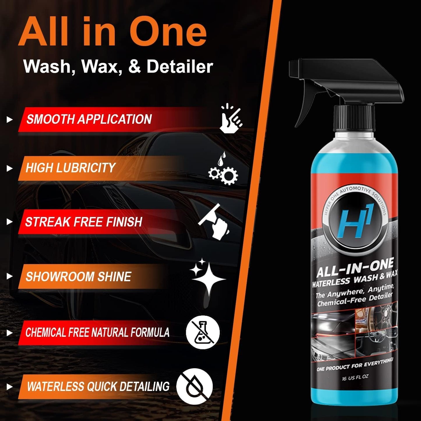 Hyper One Waterless Car Wash & Wax – High Gloss Detailer with UV Protection for Cars, RVs, & Motorcycles