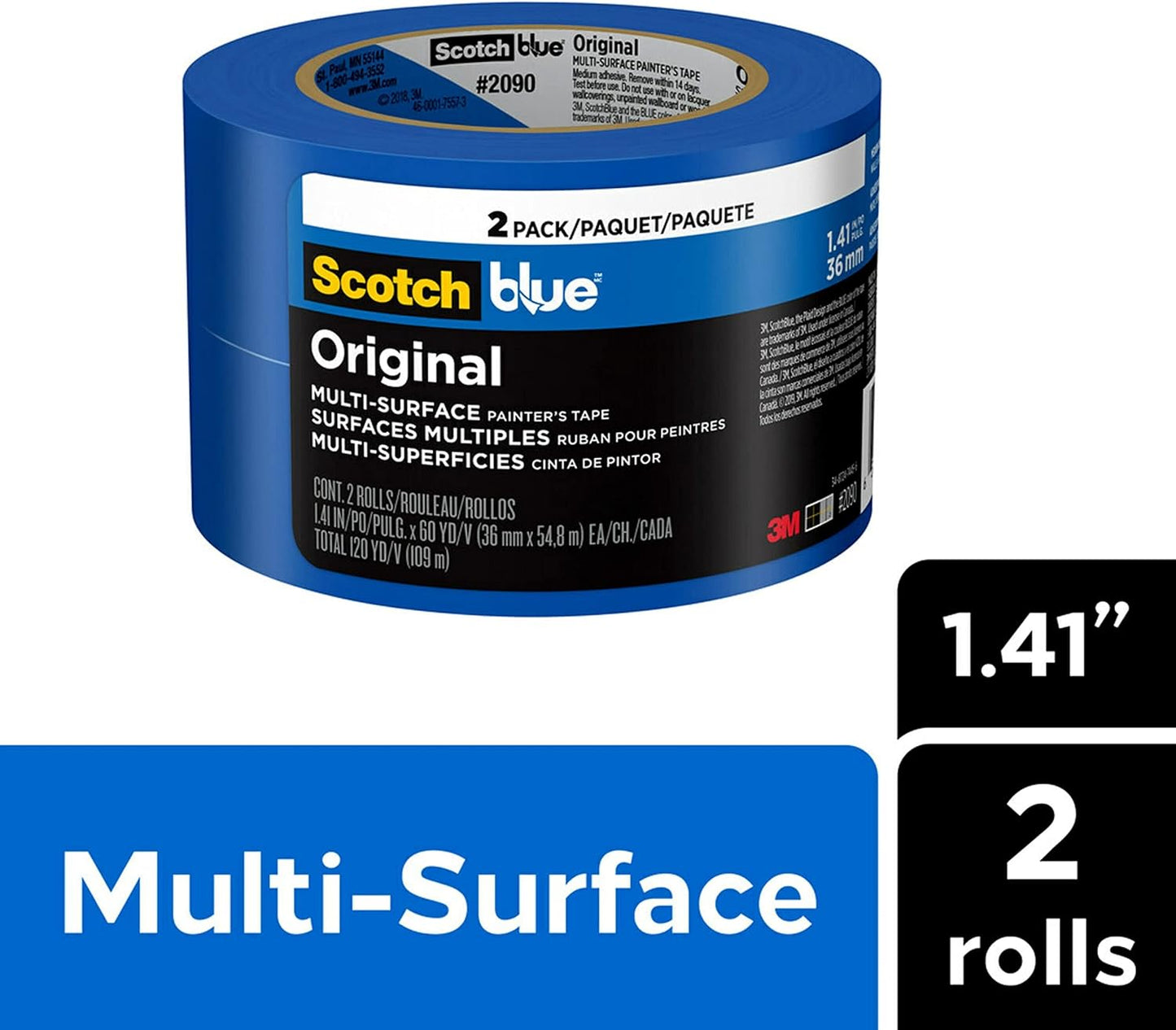 Scotch Blue Painter's Tape, Multi-Surface, 1.41 in x 60 Yards, 2 Rolls