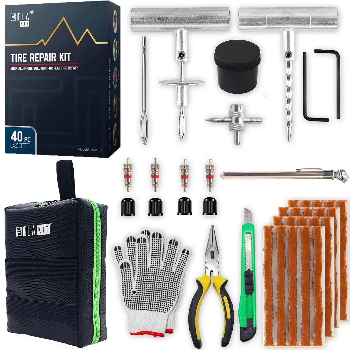 HolaKit 22PCS Tire Repair Kit: Plugs, T-Handle, Valve Tool for Cars, ATVs, SUVs.