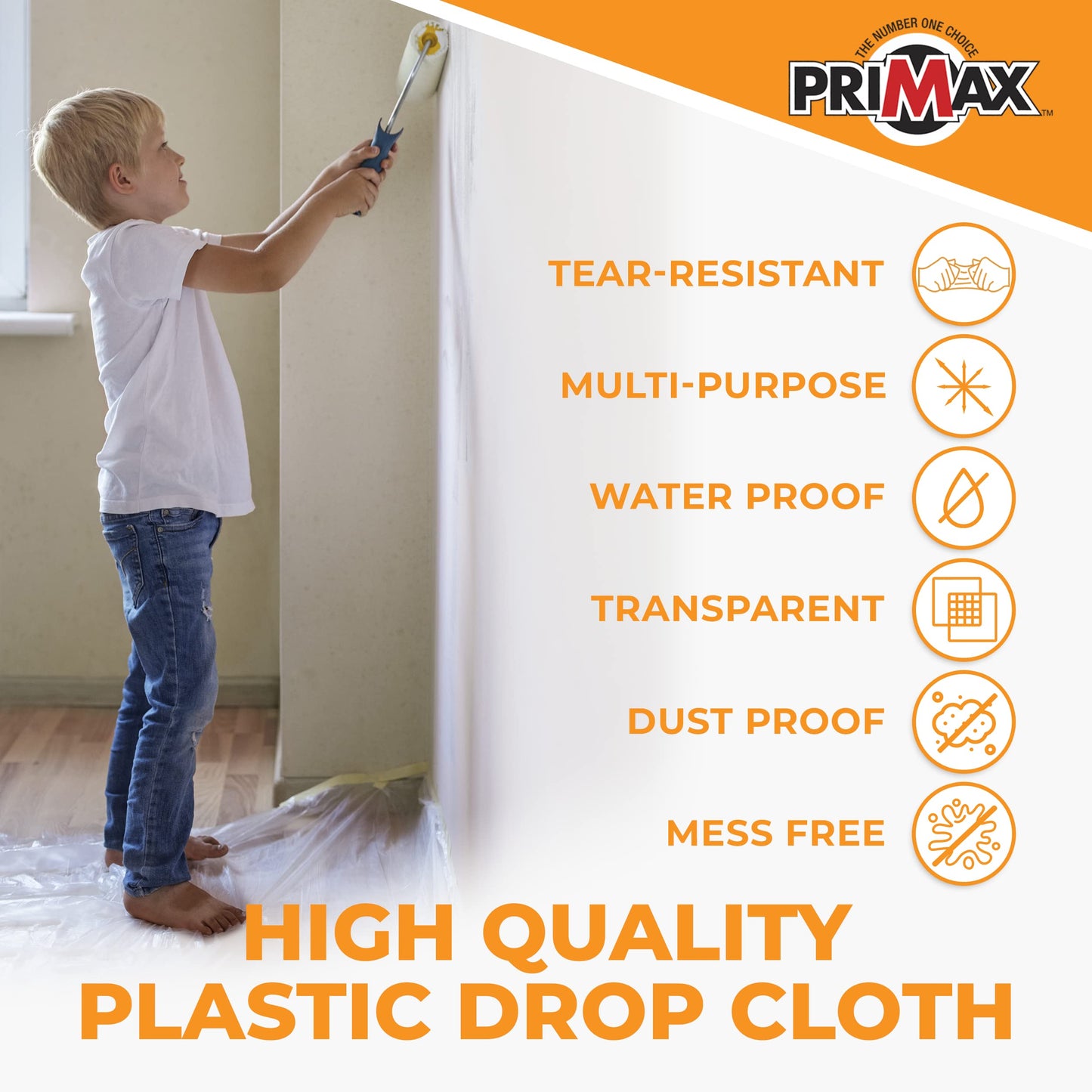 PRIMAX 9x12 ft Clear Plastic Sheeting Drop Cloth, 6-Pack – Waterproof Painters Tarp & Furniture Cover